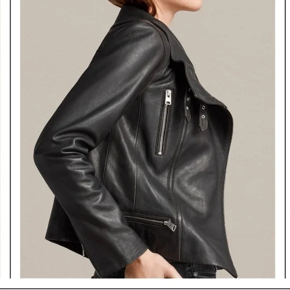 AllSaints Bales Leather Biker Jacket Black Lamb Leather Asymmetric Zip – US 0 - Picture 6 of 10